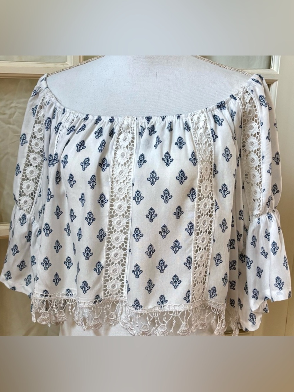 Boho Off Shoulder Lace Trim Peasant Top White Blue Festival Blouse M
